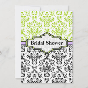 Black lime purple damask wedding bridal shower invitation