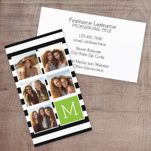 Black Lime Striped Photo Collage Custom Monogram Business Card