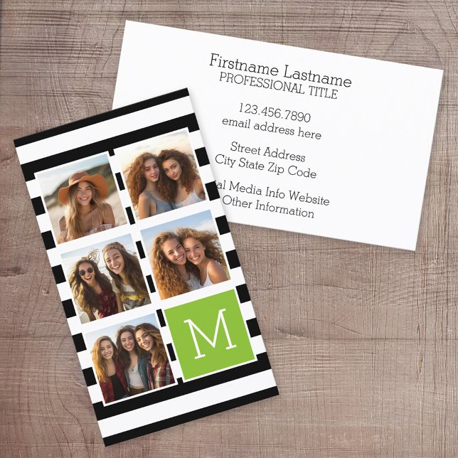 Black Lime Striped Photo Collage Custom Monogram Business Card (Custom Printed Online Business Card)