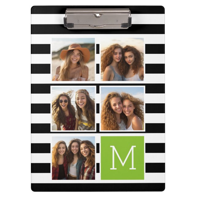 Black Lime Striped Photo Collage Custom Monogram Clipboard (Front)