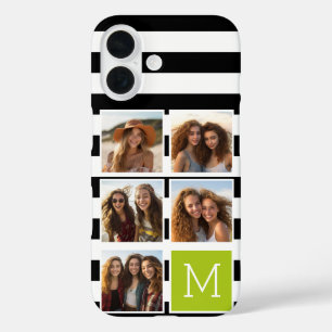 Black Lime Striped Photo Collage Monogram iPhone 16 Case