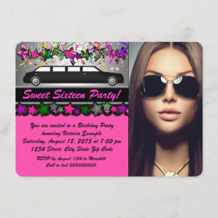 Black Limo Hot Pink Black Photo Sweet 16 Party Invitation