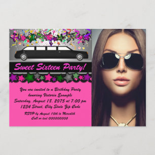 Black Limo Hot Pink Black Photo Sweet 16 Party Invitation