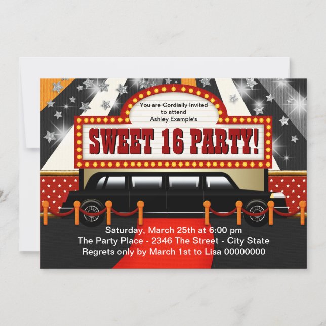Black Limo Movie Star Sweet 16 Party Invitation (Front)