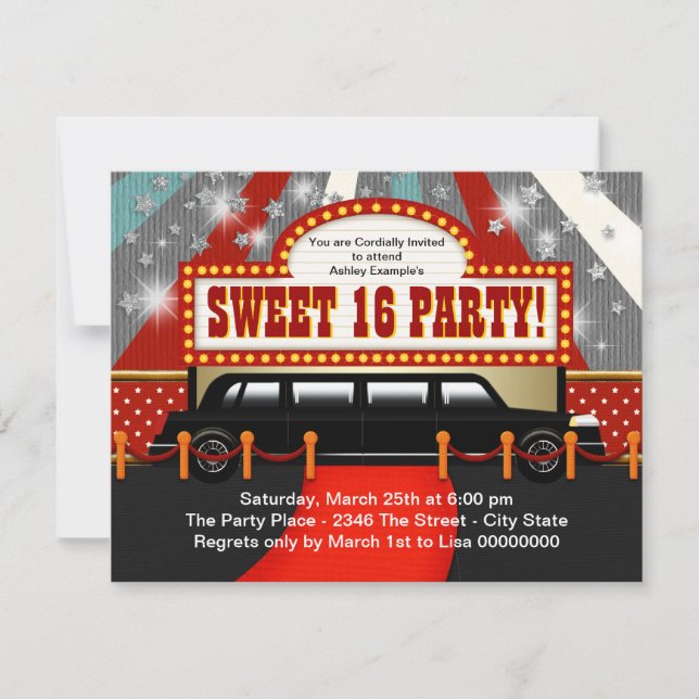 Black Limo Movie Star Sweet 16 Party Invitation (Front)