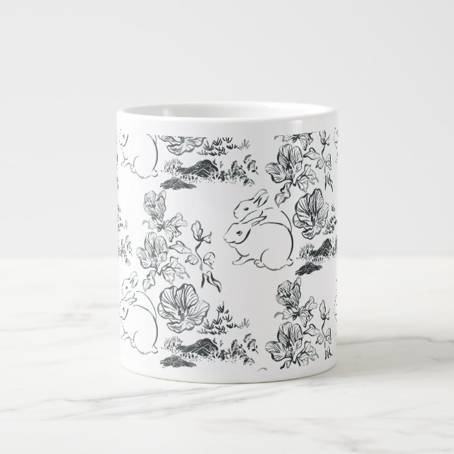 Black Line Art Cute Rabbit and Flower Large Coffee Mug (Front)