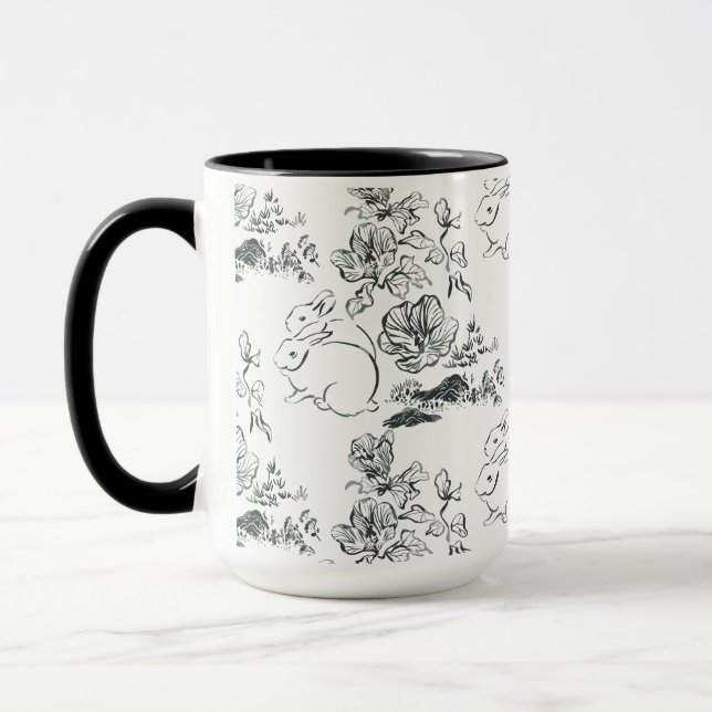 Black Line Art Cute Rabbit and Flower  Mug (Left)
