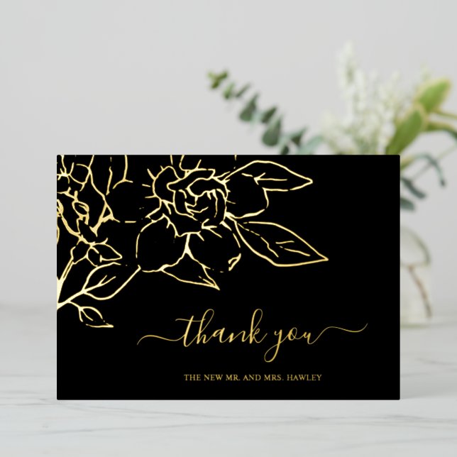 Black Line Art Floral Wedding Thank You Card (Standing Front)