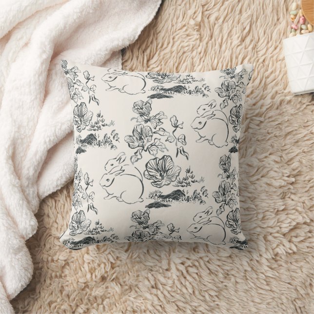 Black Line Art Rabbit and Flower Chinese Style Cushion (Blanket)