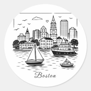 Black line Boston illustration Classic Round Sticker