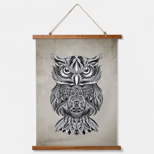 Black Line Drawing Graphic Art Owl Bird  Hanging Tapestry