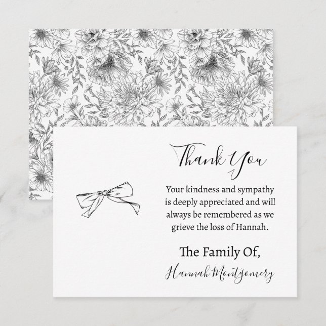 Black Line Florals Funeral Sympathy Thank You Card (Front/Back)