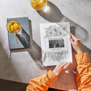 Black Line Florals Photo Collage Funeral Program Invitation