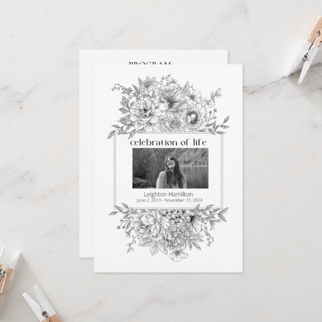 Black Line Florals Photo Funeral Program Invitation (Front/Back In Situ)