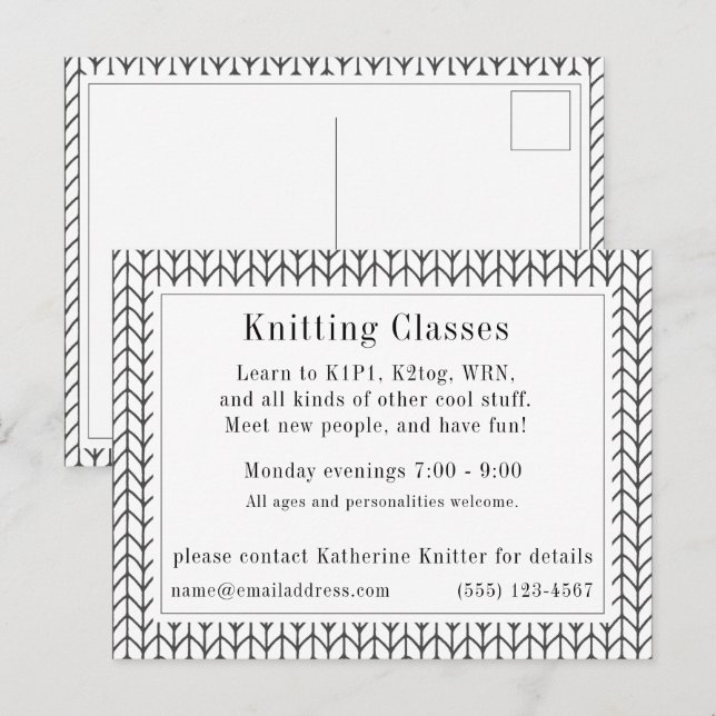 BLACK LINE KNIT "Knitting Classes" Postcard  (Front/Back)