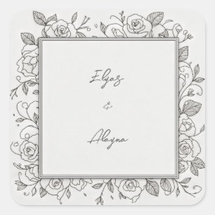Black Line Minimalist Rose Frame Wedding Square Sticker