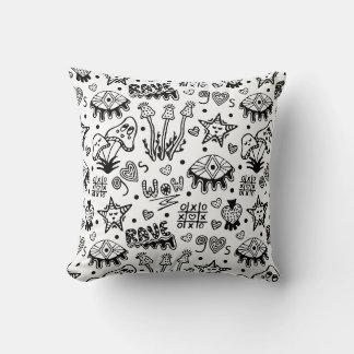 Black line psychedelic hand drawn seamless pattern cushion