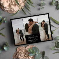 Black Lined Back 3 Photo Collage Wedding Thank You
