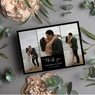 Black Lined Back 3 Photo Collage Wedding Thank You Card