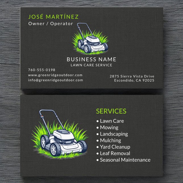 Black Linen Green Lawn Care Service Professional Business Card (Creator Uploaded)