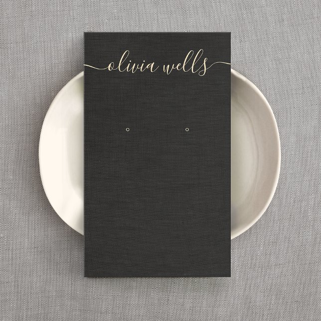 Black Linen Signature Script Earring Display  Business Card (Creator Uploaded)
