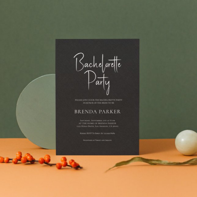 Black Linen Simple Black Script Bachelorette Party Invitation (Creator Uploaded)