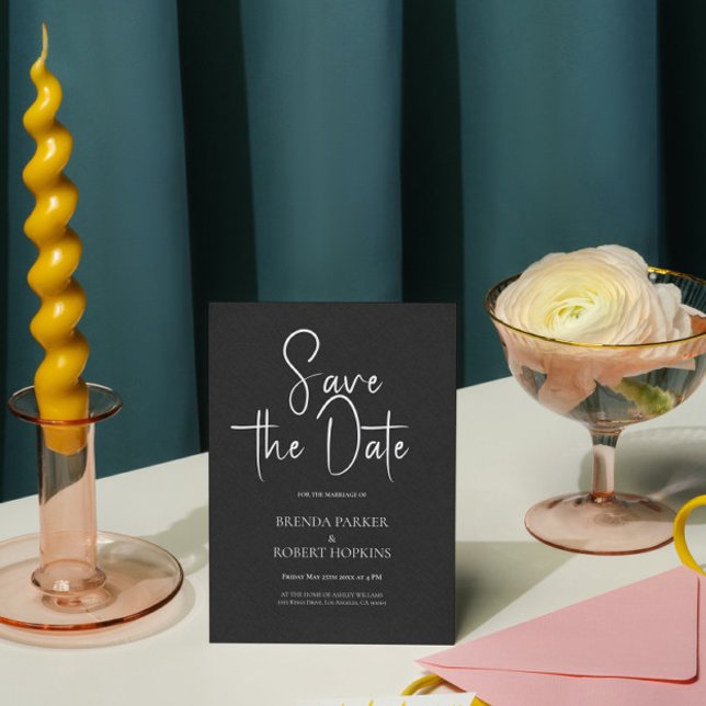 Black linen Simple Black Script Save The Date Invitation (Creator Uploaded)