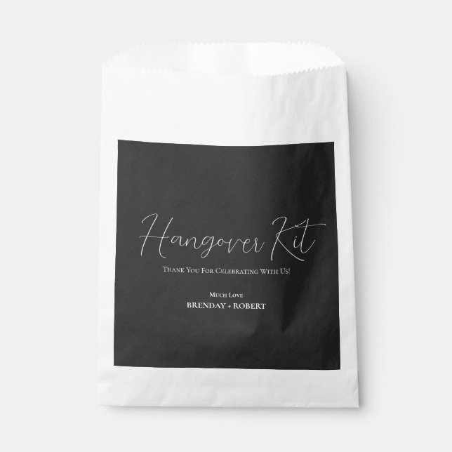 Black linen Simple Script Hangover Recovery Kit Favour Bags (Front)