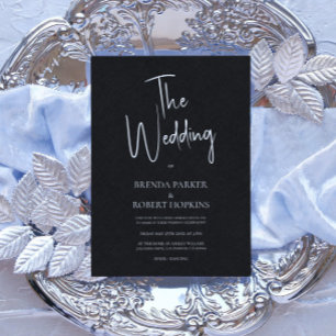 Black linen Simple White Script Wedding Invite