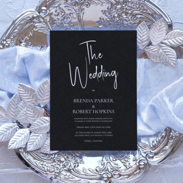 Black linen Simple White Script Wedding Invite (Creator Uploaded)