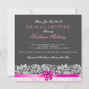 Black Linen Texture & White Vintage Lace 2 Invitation