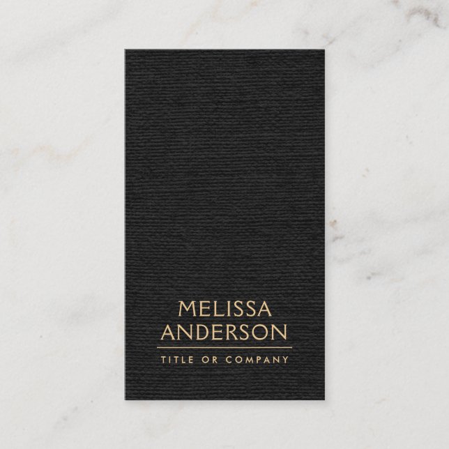 Black linen vertical minimalist professional business card (Front)