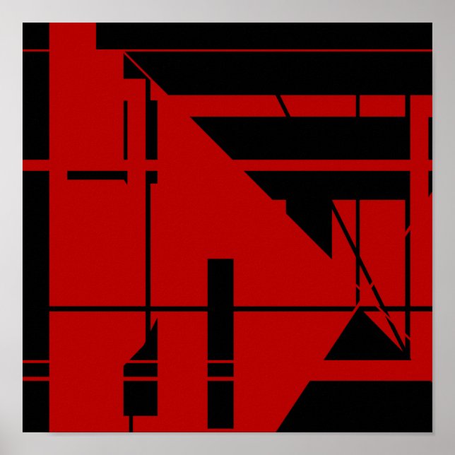 Black Lines Shapes on Deep Red Geometric Abstract Poster (Front)
