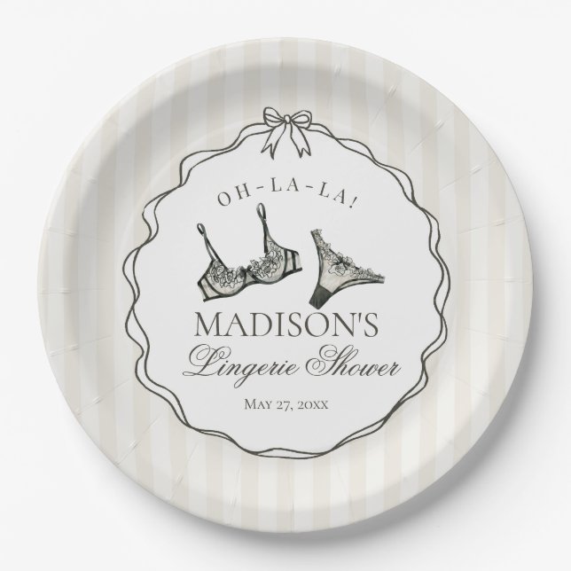 Black Lingerie Shower Bachelorette Bridal Bow Paper Plate (Front)
