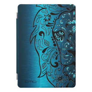 Black Lion Sugar Skull Metallic Blue Background iPad Pro Cover