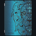 Black Lion Sugar Skull Metallic Blue Background iPad Smart Cover<br><div class="desc">Cool black lion floral sugar skull with blue glitter accent over blue tones metallic background brushed steel look. This is just an image and not real metal or glitter. If you need any help customising any of my designs, contact ArtOnWear designer. Free text formatting with live help available by request....</div>
