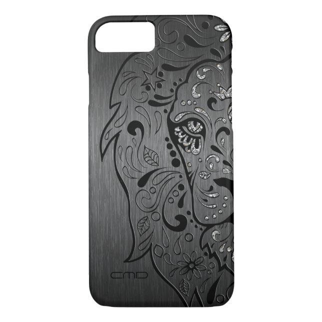 Black Lion Sugar Skull Metallic Grey Background Case-Mate iPhone Case (Back)