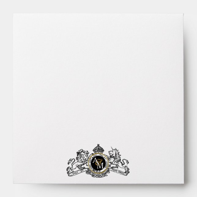 Black Lion Unicorn Emblem Save The Date Coaster Envelopes (Front)