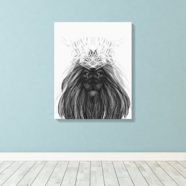 Black Lion with Antlers Crown and Monogram Canvas Print (Insitu(Wood Floor))