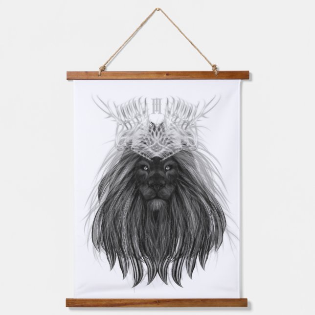 Black Lion with Antlers Crown and Monogram Hanging Tapestry (Front)