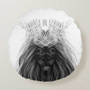 Black Lion with Antlers Crown and Monogram Round Cushion
