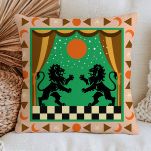 Black Lions on Green Celestial Chequered Folk Art Cushion