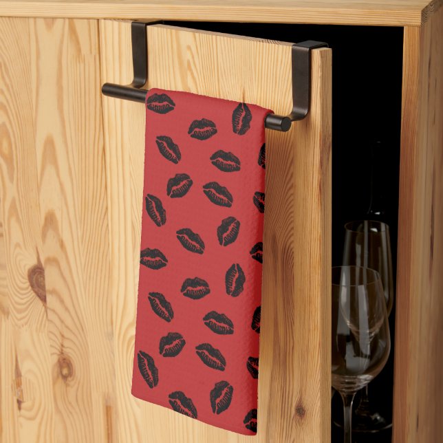 Black Lips Pattern on Red Background Tea Towel (Thirds Fold)
