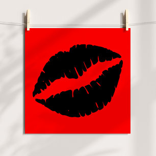 Black Lipstick Kiss Graphic on Red Poster
