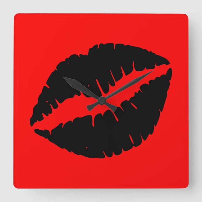 Black Lipstick on Red Square Wall Clock (Front)