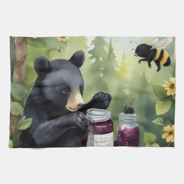 Black little bear with blackberry jams tea towel (Horizontal)