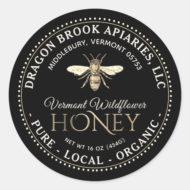 Black Local Organic Honey Label with honeybee (Front)