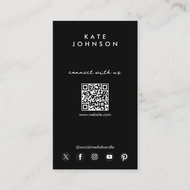 Black Logo Modern Social Media Connect With Us Business Card (Front)