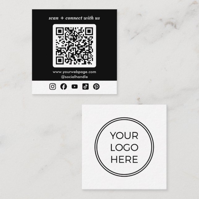Black Logo QR Code Custom Social Media Square Business Card (Front/Back)