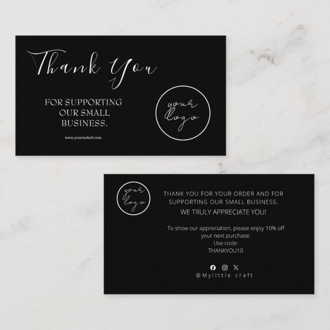 Black Logo Script Thank You Card Discount Business (Front/Back)